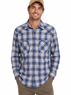 Banana Republic Slim Fit Blue Plaid Pearl Snap Western Casual Dress Shir…
